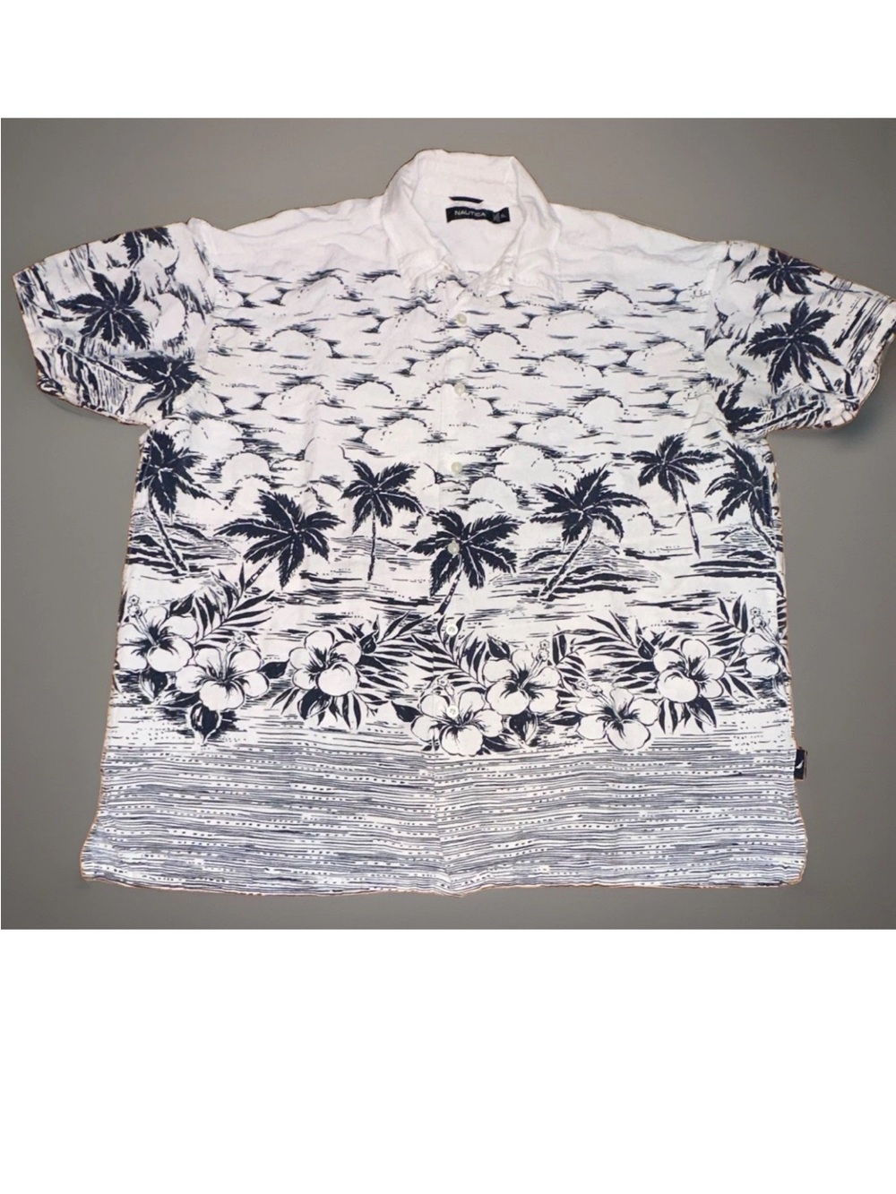 Nautica Mens XL Hawaiian Shirt Y2K Vintage Blue White Palm Tree Hibiscus Aloha